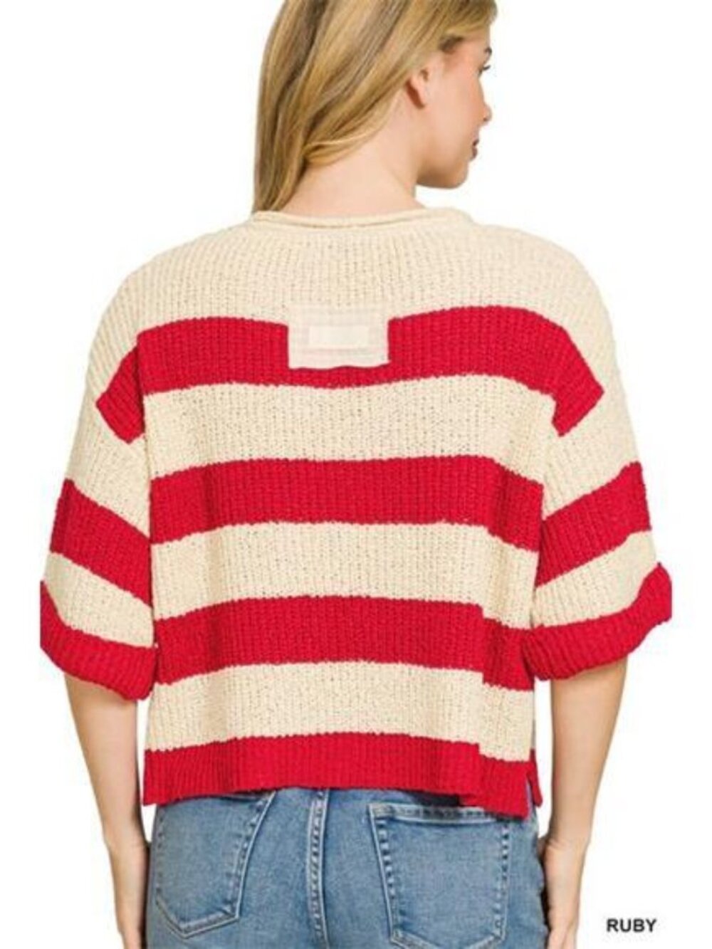 Zenana Split Neck Stripe Sweater - Picture 3 of 3